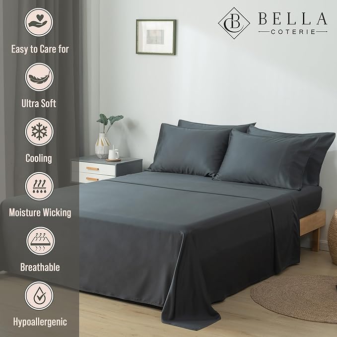 Bella Coterie 7 Piece Luxury Bamboo Viscose Split King Size Sheet Set | 2 Fitted Sheets for Adjustable Beds | 100% Organically Grown | Cooling for Hot Sleepers | 4 Pillowcases [Charcoal Grey] BC