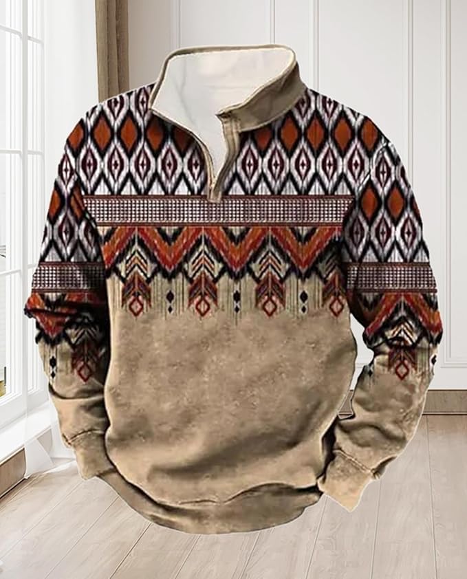 Western Sweatshirts for Men Aztec Cowboy Vintage Graphic Fleece Hoodie Mens Quarter Zip Pullover Country Jacket