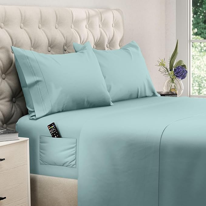 DREAMCARE Queen Size Sheets - Cooling Bed Sheets - 4pcs Set - up to 15" Deep Pocket Queen Sheet Set - Sheets Queen Size Bed - Soft & Long Lasting 100% Fine Microfiber with Side Pocket - Spa Blue DREAMCARE