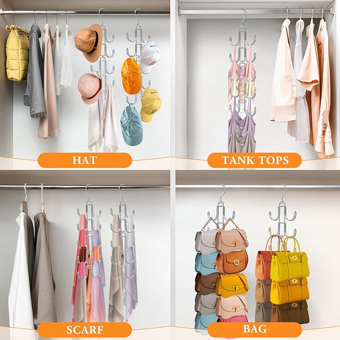 Purse Hanger for Closet, 360 Degree Purse Organizer with 10 Hooks Bag Handbag Hanger Hooks for Purse Hanging, Durable Purse Display Rack Space-Saving Bag Organizer for Women 2 Pack