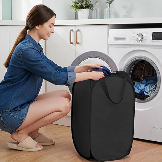 Pop Up Laundry Hamper with Side Pockets, Foldable Laundry Basket Reinforced, Privacy Protection Collapsible Basket, Sturdy and Lightweight Clothes Hamper for Dorm, Bedrooms, Bathrooms, Travel black