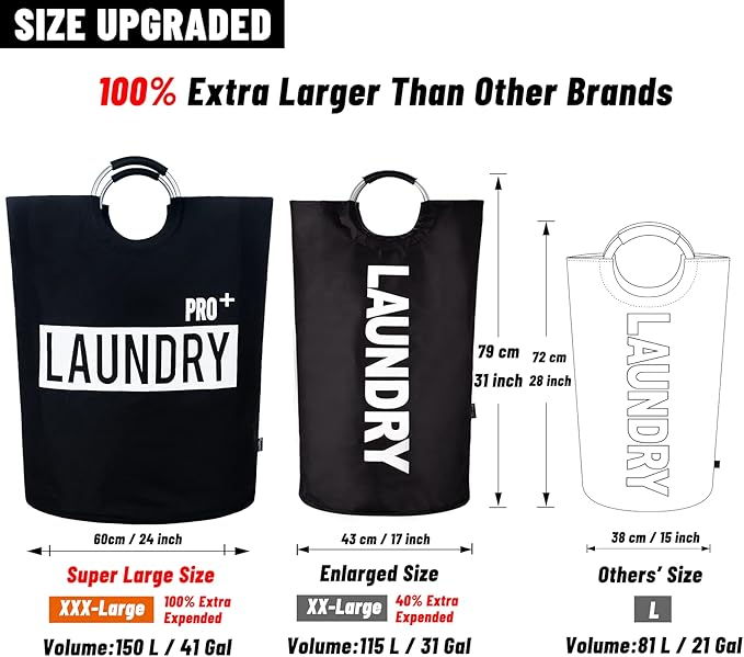 Caroeas Super Large 150L Laundry Basket Pro, Waterproof Laundry Hamper, Collapsible Laundry Basket Easy Storage, Clothes Hamper Stands Up Well, Laundry Bag with Padded Handles (Black)