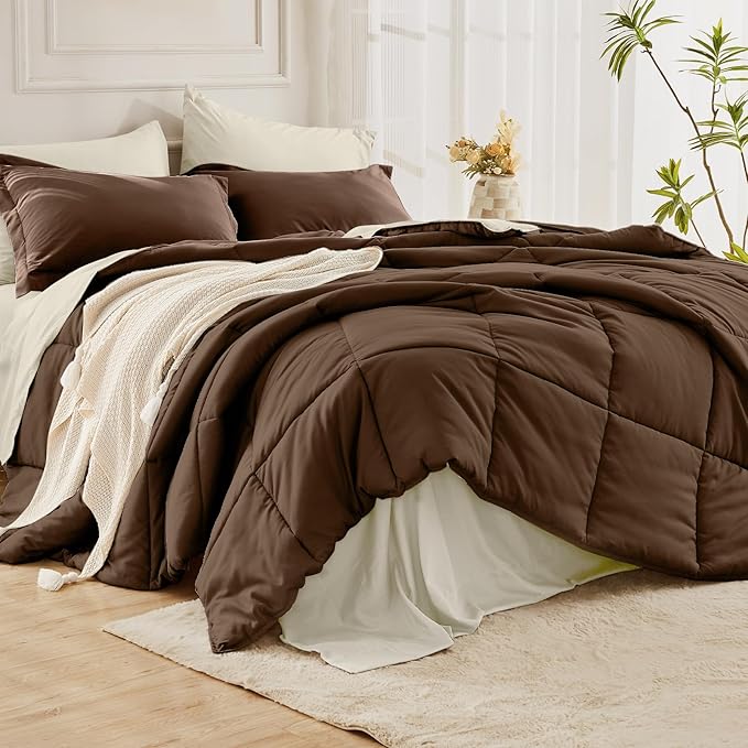 JOLLYVOGUE King Comforter Set, Ultra-Soft Bed in a Bag King Size 7 Pieces, Oeko-TEX Certified Bedding Set with Down Alternative Comforter, Sheets, Pillowcases & Shams, Brown & Beige