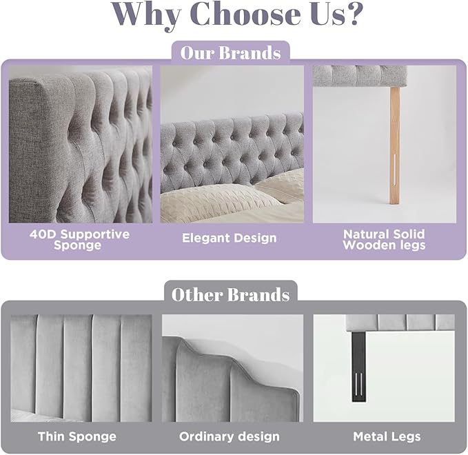 Kingfun Upholstered Queen Headboard Only, Premium Linen Button Tufted Headboards, Adjustable Solid Wood Head Board, Padded Headboard with Solid Wood Legs in Bedroom (Grey)