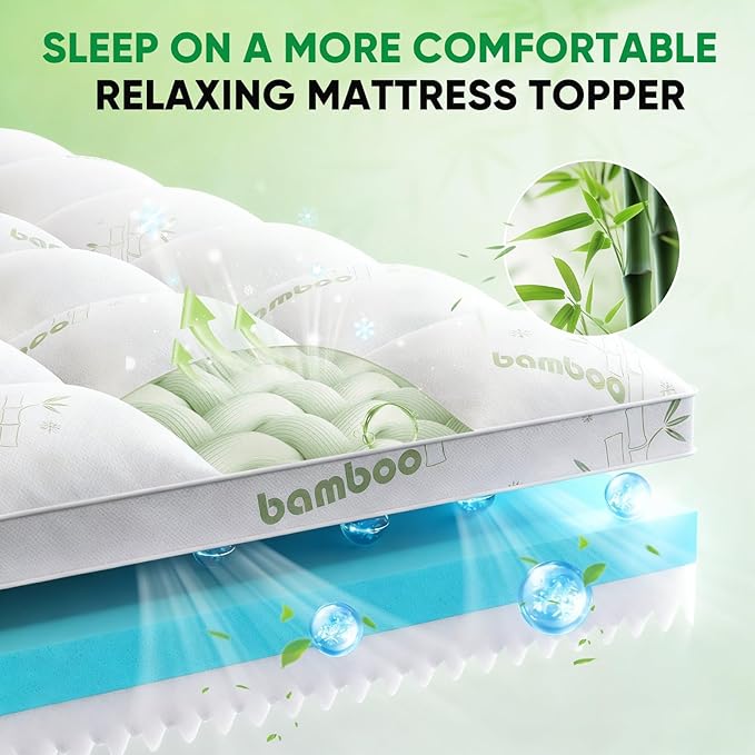 Twin Mattress Topper, 3 in 1 Memory Foam Mattress Topper for Back Pain, 2" Fluffy Cooling Mattress Toppers Twin Breathable Viscose Made from Bamboo and 2.5" Dual Firmness Gel Memory Foam.
