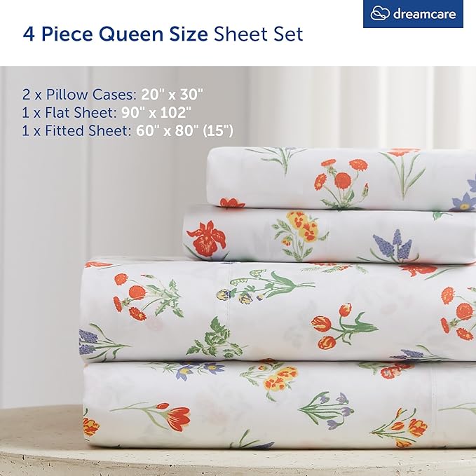 DREAMCARE Queen Size Sheets - Cooling Bed Sheets - 4pcs Set - Queen Sheet Set - Sheets Queen Size Bed - Queen Size Sheet Sets - Soft & Long Lasting 100% Fine Brushed Floral Sheets - Multi Floral DREAMCARE