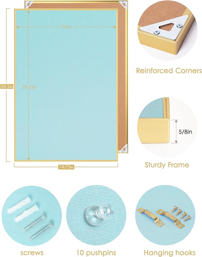 Bulletin Board 30 x 20 inches, Dark Blue Pin Board, Golden Aluminum Framed Fabric Cork Board with 10 Push Pins