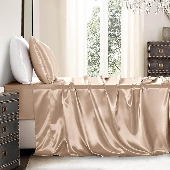 Satin Sheets Twin Size - 3 Pieces Luxury Silky Soft Bed Sheets, Wrinkle-Free Champagne Satin Silk Sheet Set with 1 Deep Pocket Fitted Sheet, 1 Flat Sheet, 1 Pillow Case