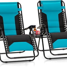Sophia & William Oversized Zero Gravity Chair Set of 2 Padded, Folding Lounge Chair with Wide Armrest and Cup Holder, Support 400 LBS, Aqua Blue