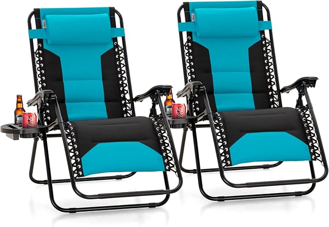 Sophia & William Oversized Zero Gravity Chair Set of 2 Padded, Folding Lounge Chair with Wide Armrest and Cup Holder, Support 400 LBS, Aqua Blue
