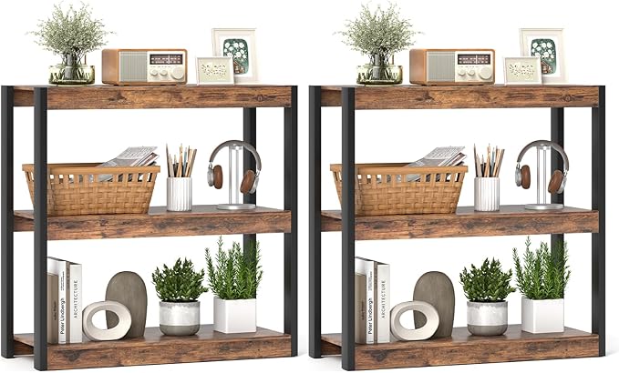 Giantex 3 Tier Bookshelves Set of 2, Freestanding Wooden Bookcase with Dual Anti-Tipping Kits, Open Display Rack Shelving Unit, Storage Organizer for Living Room, Bedroom & Study, Rustic Brown & Black