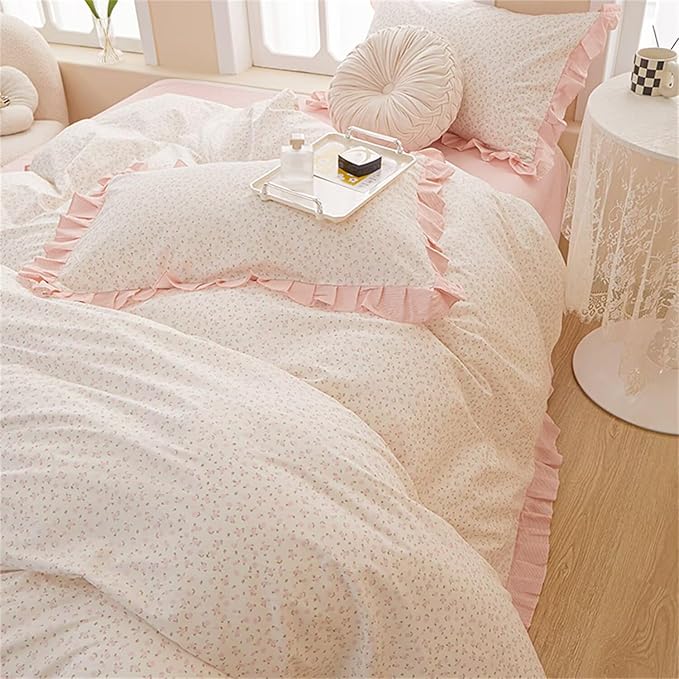MKXI Full Size Small Floral Ruffle Comforter Set - 3 Piece Countryside Floral Comforter with Pillow Shams, Reversible White Pink Princess Bedroom Collection, Soft Aesthetic Bedding Set for Teen Girls