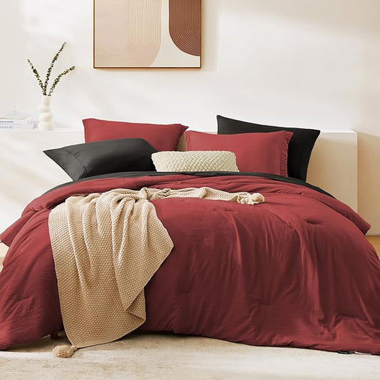 WRENSONGE Queen Comforter Set- 7 Pieces Soft Bright Red Bed in a Bag with Fitted Sheet, Flat Sheet, 2 Pillow Shams, and 2 Pillowcases- Warm Bedding Sets Queen for All Season