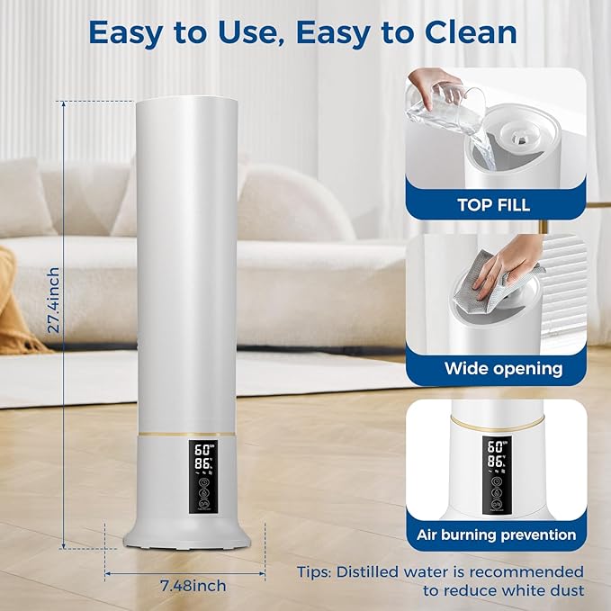 Humidifier Large Room,2.4Gal Cool Mist Humidifiers for Bedroom 9L High Capacity 24dB Quiet Air Humificador fit Removable Water Tank 360° Adjustable, Top Fill & Easy Clean with Remote Control （White）