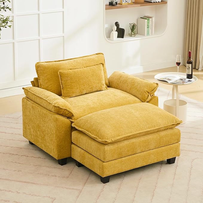 53" Modular Sectional Sofa, Comfy Cloud Couch Sectional Sofa with Ottoman, Chenille Sofa Sleeper Deep Seat Sofa with Throw Pillows for Living Room (Yellow)