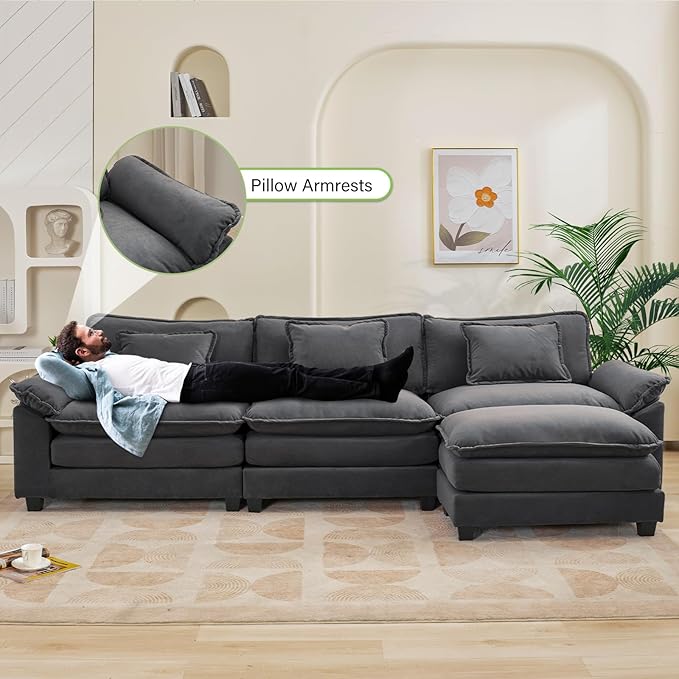 120" Modular Sectional Sofa, Comfy Cloud Couch Sectional Sofa with Ottoman, Velvet Sofa Sleeper Deep Seat Sofa with Throw Pillows for Living Room (Blue Gray, 120"- L Shape)