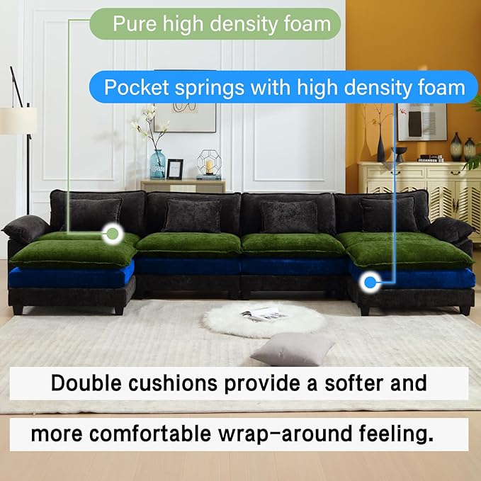 154" Modular Sectional Sofa, Comfy Cloud Couch Sectional Sofa with Ottoman, Chenille Sofa Sleeper Deep Seat Sofa with Throw Pillows for Living Room (Black, 154"- U Shape)