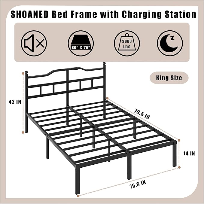 Metal Bed Frame with Charging Station - 14 Inch King Size Heavy Duty Bedframe with Headboard Black Basic Steel Slats Platform No Box Spring Needed/Noise Free