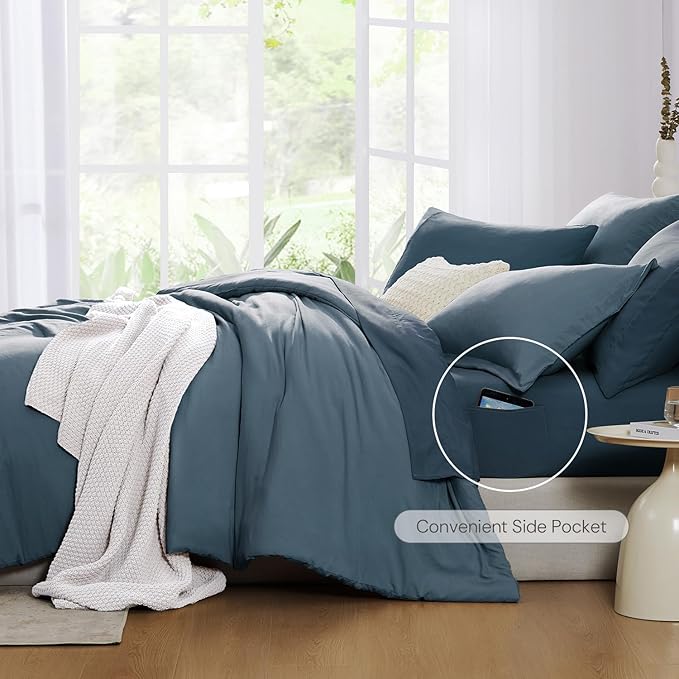 WRENSONGE King Size Comforter Set- 7 Pieces Soft Oxford Blue Bed in a Bag King with Fitted Sheet, Flat Sheet, 2 Pillow Shams, and 2 Pillowcases-Warm King Bedding Set for All Season