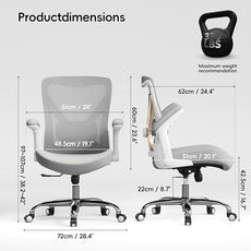 Office Home Ergonomic Desk Chair-Computer X-Shaped Chair Mesh PU Leather with Adjustable Lumbar Support-Executive Chair High Back Flip-Up Arms for Long Hours (Grey-No Headrest)