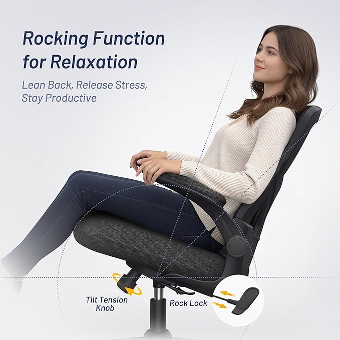 Office Desk Chair for Long Hours & Lower Back Pain Relief – 4“ Thick Molded Foam Cushion, Enhanced Lumbar Support, Padded Flip-up Armrests, Black