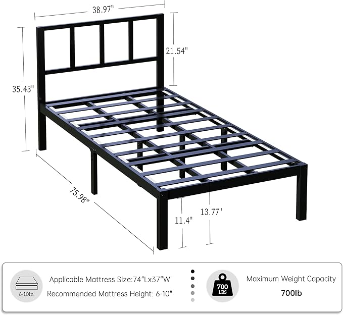 14 Inch Bamboo Bed Frame – Solid Wood Platform Bed Frame, Strong and Stable, with Non-Slip Slats for Support, No Box Spring Needed, Easy to Assemble, Noise-Free (Black, Twin with Headboard)