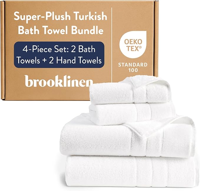 Brooklinen Super-Plush Bath Towel and Hand Towel Set - 2 Bath Towels, 2 Hand Towels - Cotton, Highly Absorbent (White)