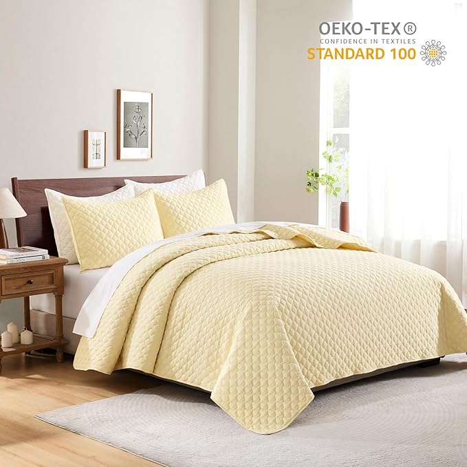 HORIMOTE HOME Quilt Queen Size Light Yellow, Lightweight Quilts for Summer Ultra-Soft Microfiber Modern Style Quilted Clouds Pattern Bedspread Quit Set 3 Pieces(1 Quilt and 2 Pillow Shams)