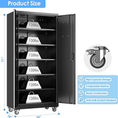 SUXXAN Metal Garage Storage Cabinet with Wheels and Pegboard, 71'' x 34'' x 18'' Lockable Rolling Steel Cabinet with 5 Adjustable Shelves and Door for Garage, Office, Kitchen, Assembly Required