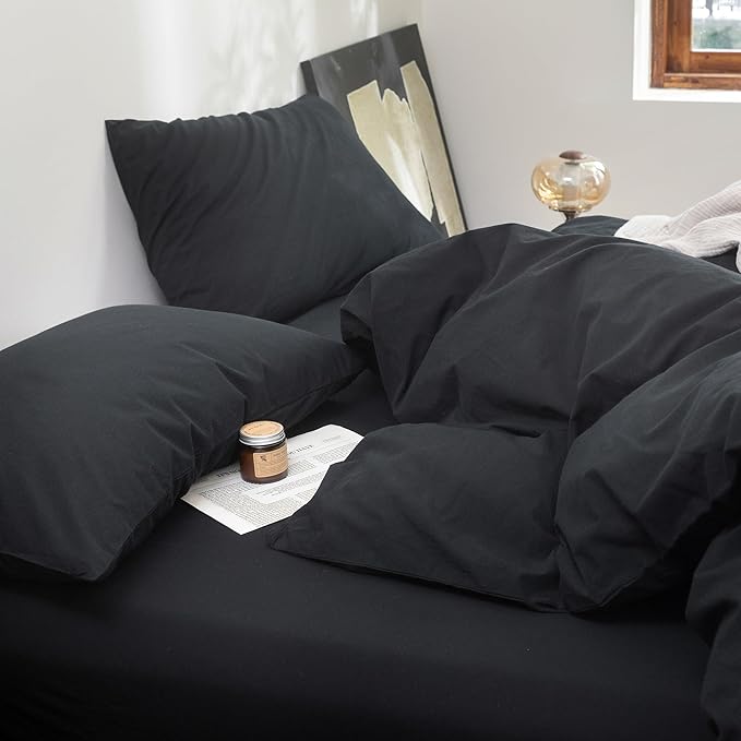 FOSSA Duvet Cover Set 100% Washed Cotton Linen Feel Super Soft Breathable Cozy 3 Pieces Bedding Sets Solid Black King
