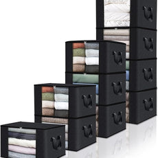 Fab totes 10 Pack Clothes Storage, Foldable Thick Fabric Blanket Storage Bags, Containers for Organizing Bedroom, Closet, Clothing, Comforter,Closet Organization with Handle,Black