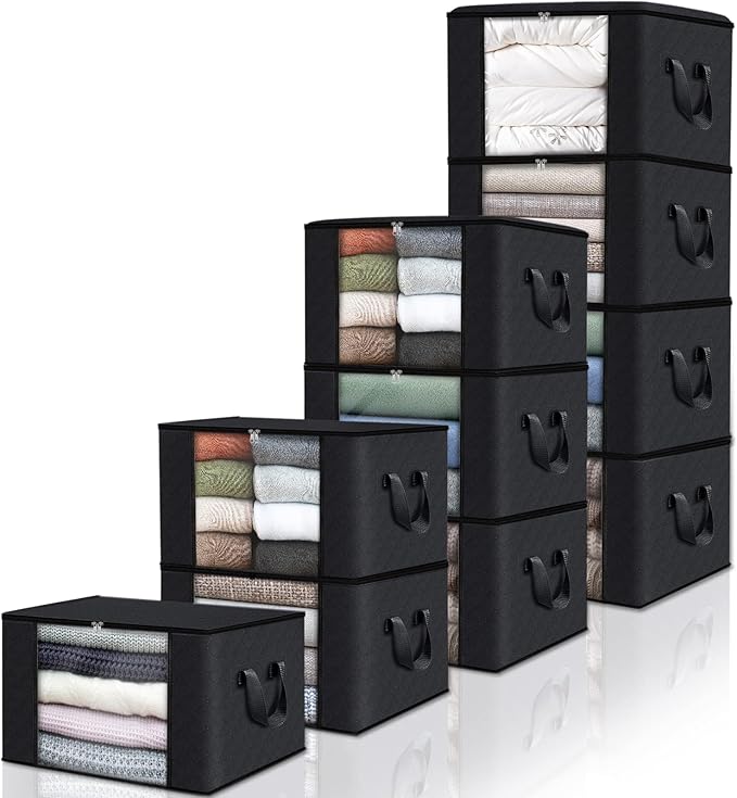 Fab totes 10 Pack Clothes Storage, Foldable Thick Fabric Blanket Storage Bags, Containers for Organizing Bedroom, Closet, Clothing, Comforter,Closet Organization with Handle,Black