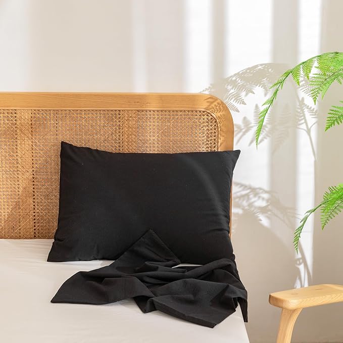 BESTOUCH 100% Washed Cotton Pillowcase for Hair and Skin Linen Feel Soft Comfortable Breathable 2 Set Pillow Case with Envelope Closure Solid Deep Dark Black Standard 20x26 Inches