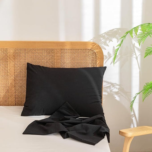 BESTOUCH 100% Washed Cotton Pillowcase for Hair and Skin Linen Feel Soft Comfortable Breathable 2 Set Pillow Case with Envelope Closure Solid Deep Dark Black Standard 20x26 Inches