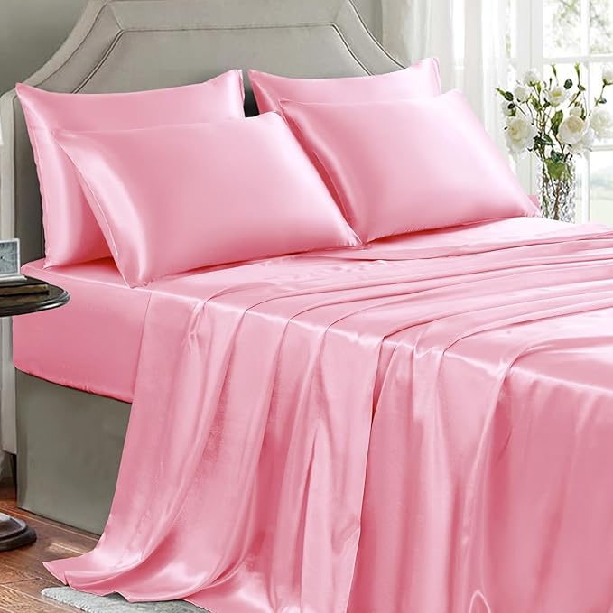 Satin Sheets Queen Size - 6 Pieces Luxury Silky Soft Bed Sheets, Wrinkle-Free Light Pink Satin Silk Sheet Set with 1 Deep Pocket Fitted Sheet, 1 Flat Sheet, 4 Pillow Cases
