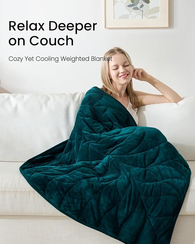 Weighted Lap Blanket 7 lbs 41"×53", Luxury Soft Small Weighted Lap Pad for Adults,Portable Travel Leaf Weighted Throw Blanket for Relaxation, All-Season Use and Machine Washable Deep Green