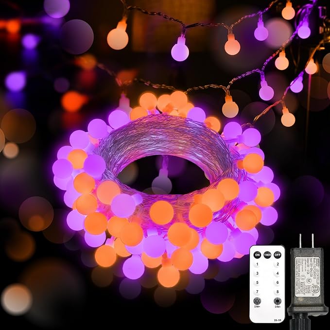 suddus Halloween Lights Indoor with Remote, 33ft 100 Led Purple and Orange Globe String Lights, Fairy Lights Plug in with 8 Lighting Modes for Bedroom, Home, Office, Halloween Decorations