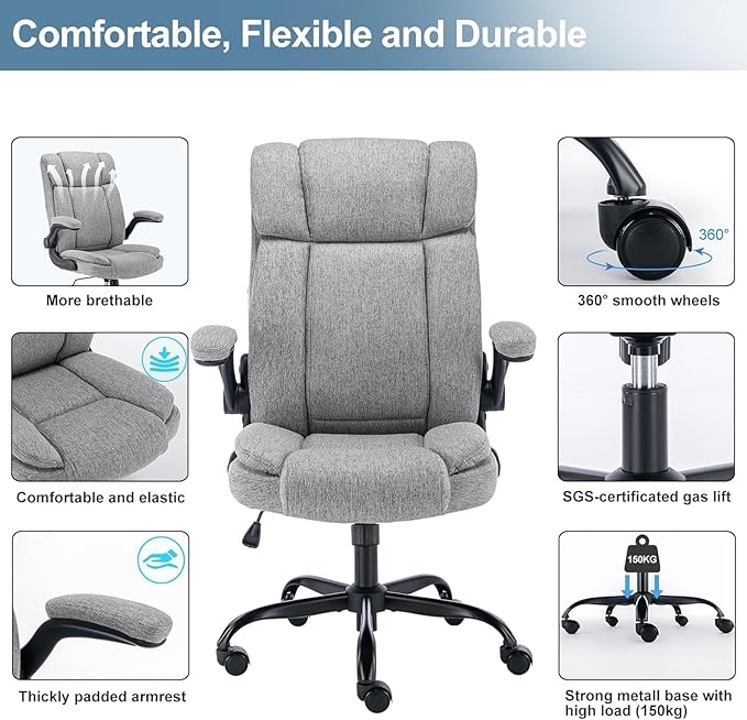 Office Chair High Back Ergonomic Executive Computer Desk Chair Comfortable Fabric Padded Home Office Desk Chairs with Flip-up Arm Rest Adjustable Height Swivel Wheels (Grey)