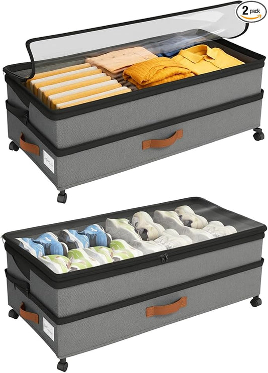 Expandable Under Bed Storage with Wheels 2 Pack – Large Under Bed and Closet Storage - Expandable Storage Bins with Lid & Dividers, Low Profile Storage Solution for Clothes, Shoes Great for Dorm Rooms