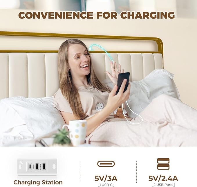 Rolanstar Full Size Bed Frame with LED Light and Charging Station, Upholstered Headboard and Footboard, Metal Slat, Noise Free, Easy Assembly, Golden