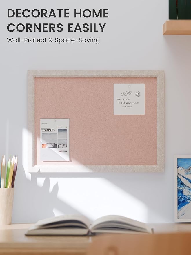 Felt Cork Board Alternative, Felt Bulletin Board 16" x 12" Oatmeal Frame with 8 Adhesive Tabs, Pin Board for Home Office, Classroom, Entryway, Kitchen Wall Decor—Pink
