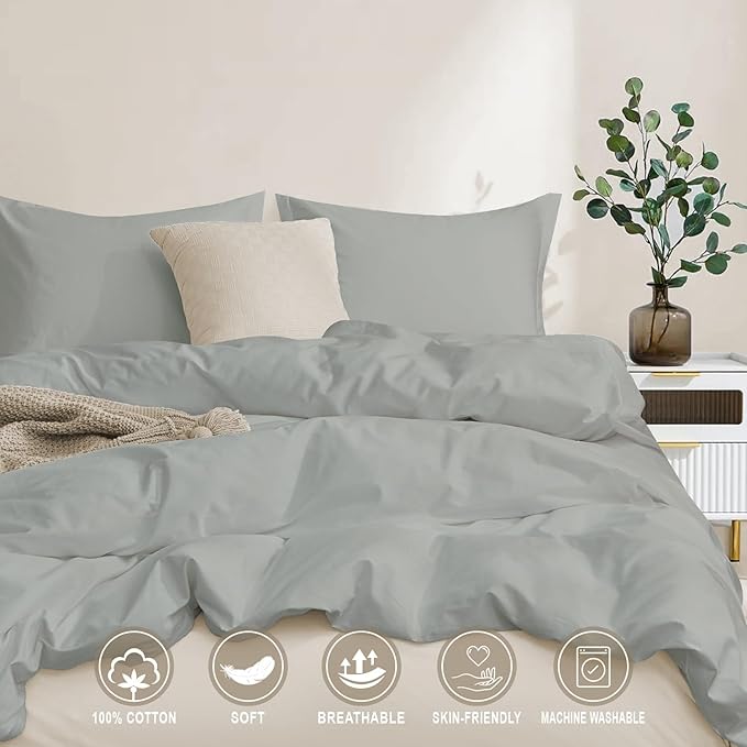 100-Percent Cotton Duvet Cover Set, Hidden Zipper Closure, Ultra Soft, Easy Care and Durable, Simple Bedding Style, Twin, Grey (Comforter Not Included)