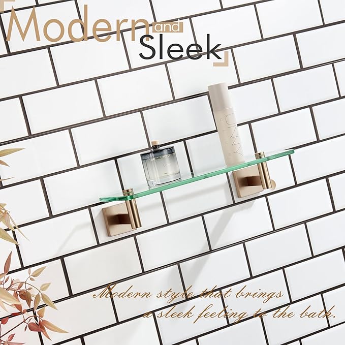 KOKOSIRI Wall Shelves Bathroom Hardware Glass Floating Shelf 12-Inch for Bedroom, Living Room, Kitchen, Hanging Rack Champagne Bronze B1105CPG-L12