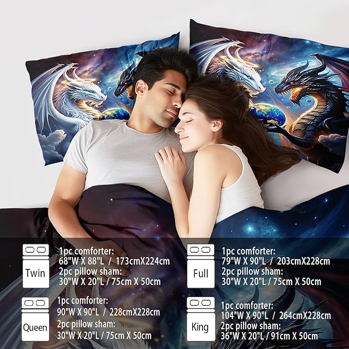 Black White Dragon Comforter Set King Boys Flame Ancient Mysterious Creatures Fantasy Dragon Bedding Set Boys GirlsWhite and Black Comforter King Size Animals Quilt Room Decor
