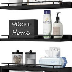 WOPITUES Floating Shelves for Wall with Cube Shelf, Wall Shelves with Metal Rail for Bathroom Decor, Bathroom Organizers and Storage, Over Toilet Shelves for Toilet Paper-Black