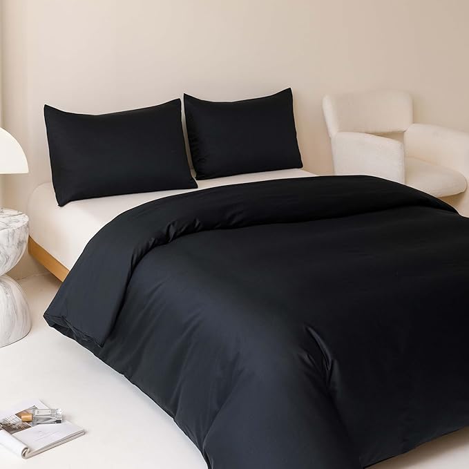 HeimenAogo Egyptian Cotton Duvet Cover Queen Size Sateen Weave, Silky Soft and Breathable Bedding Set with Zipper Closure, Long Staple Cotton Bed Linen Pure Black 3Pcs (90"×90")