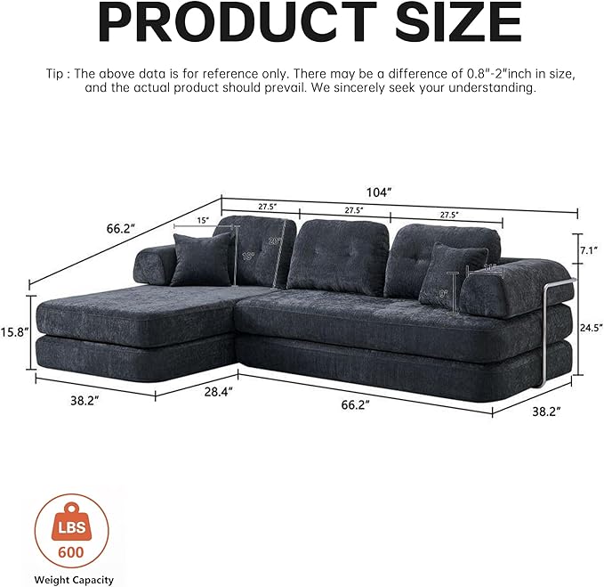104" Oversized Convertible Sleeper Sofa Bed, Chenille L Shape Sectional Couch, Folding Sofa Bed with Fixed-Shape Frame, Modern Cloud Floor Mattress Couch, Modular Sofa for Living Room, Dark Grey