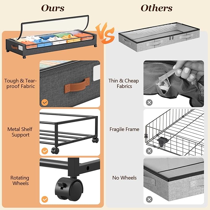 Yecaye Under Bed Storage with Wheels 2 Pack, 85L Extra Large Under Bed Storage Containers with Metal Frame & Clear Lid, Rolling Underbed Organizer Bins Drawers for Clothes, Shoes, Blankets, Hemp Grey
