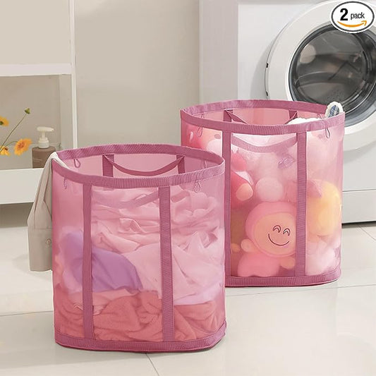Mesh Bag with Handles, Collapsible Laundry Basket, Foldable Laundry Bag, Breathable Folding Beach Bag,Space-saving Travel Tote Bags (2, Pink)