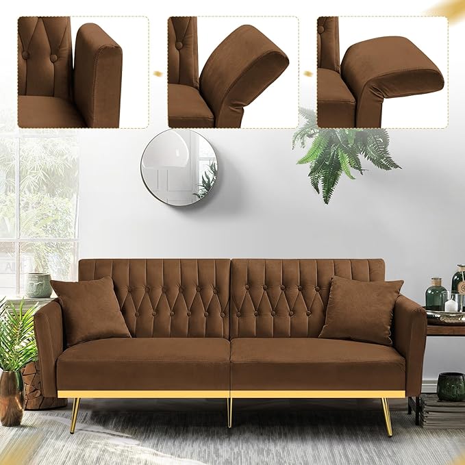 70” Velvet Futon Sofa Bed with 2 Pillows and Adjustable Armrests, Convertible Sleeper Bed W/Adjustable Backrests, Modern Loveseat for Living Room, Bedroom, Brown